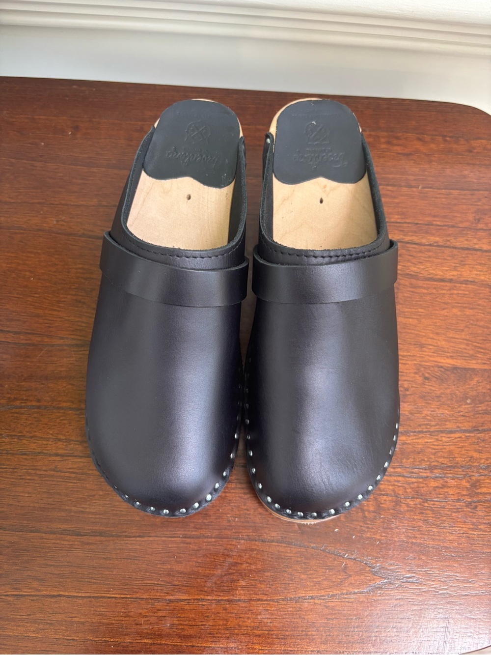 Troentorp Swedish Black Leather Wood Clogs EU 36